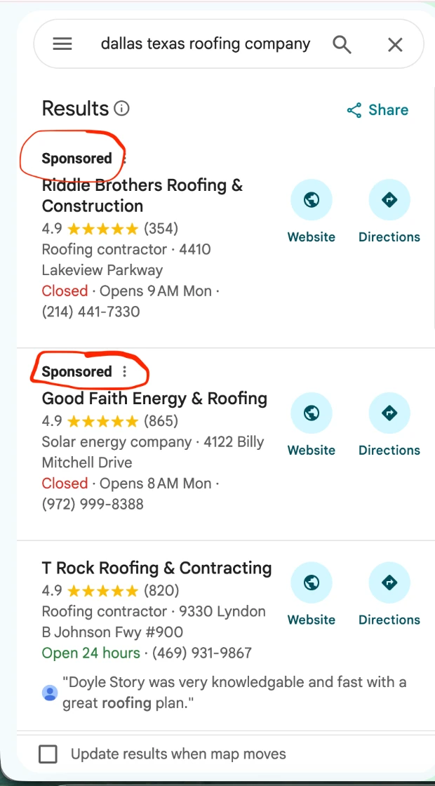 Dallas roofing search on Google Maps with Riddle Brothers first in the visible list and sponsored listings circled